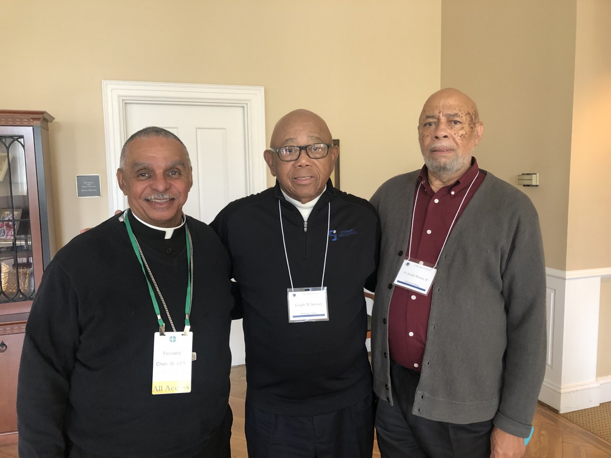 Joe Stewart, Acting President of the Descendants Truth & Reconciliation Foundation, with Bishop Cheri, O.F.M., and Fr. Joseph Brown, S.J.