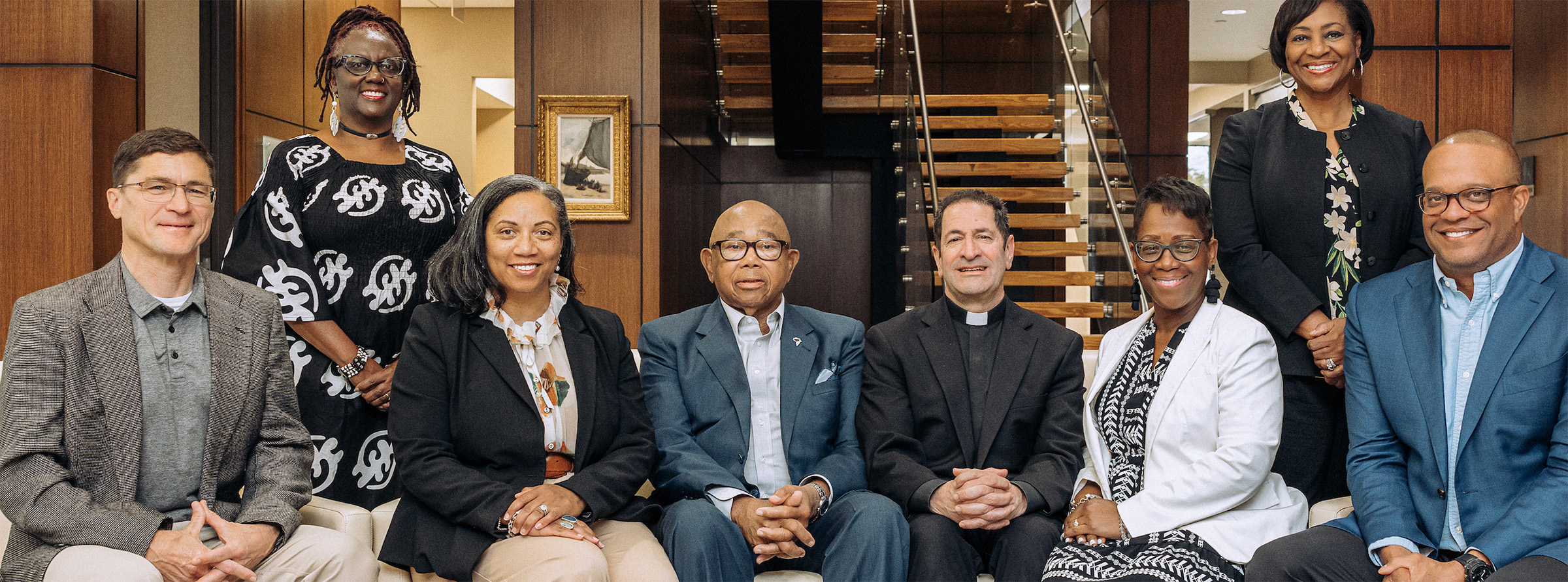 DTRF Trustees Left to right: Fr. Scott Santarosa, Rochell Sanders Prater (former), President & CEO Monique Trusclair Maddox, Emeritus President Joseph M. Stewart, Fr. Timothy Kesicki, Board Chair Cheryl Hall, La June Montgomery Tabron, Ernest Emerson Jones (former). 