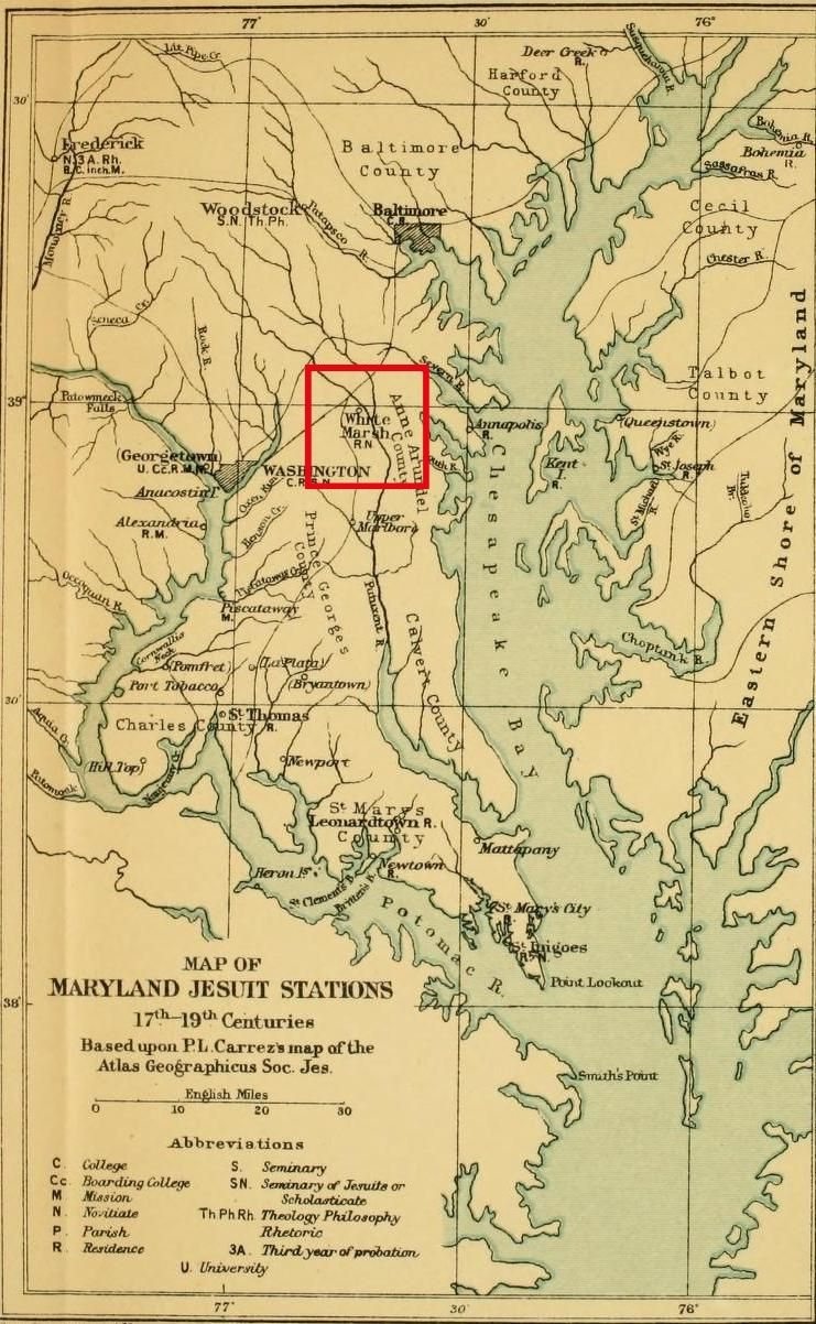 Historical map of Maryland Jesuit stations with White Marsh Plantation marked in red