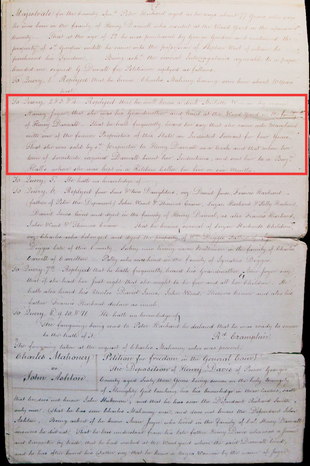 Handwritten 1790s deposition page from Mahoney v. Ashton, with testimony about Ann Joice’s destroyed indenture papers outlined in red