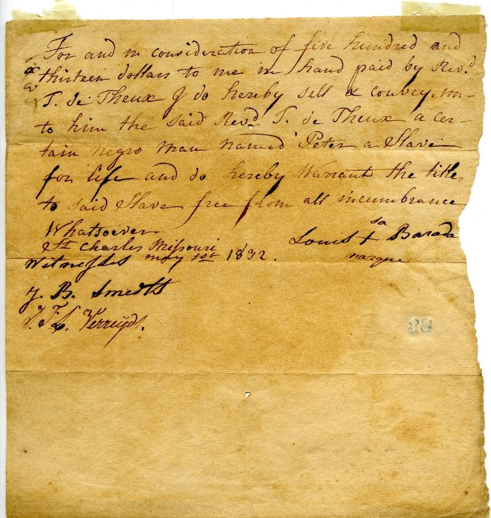 Handwritten 1832 bill of sale returning Peter to the Jesuits