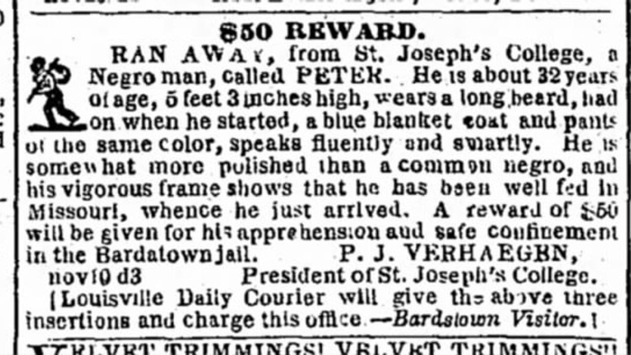 1849 newspaper advertisement offering fifty dollars for the capture of Peter