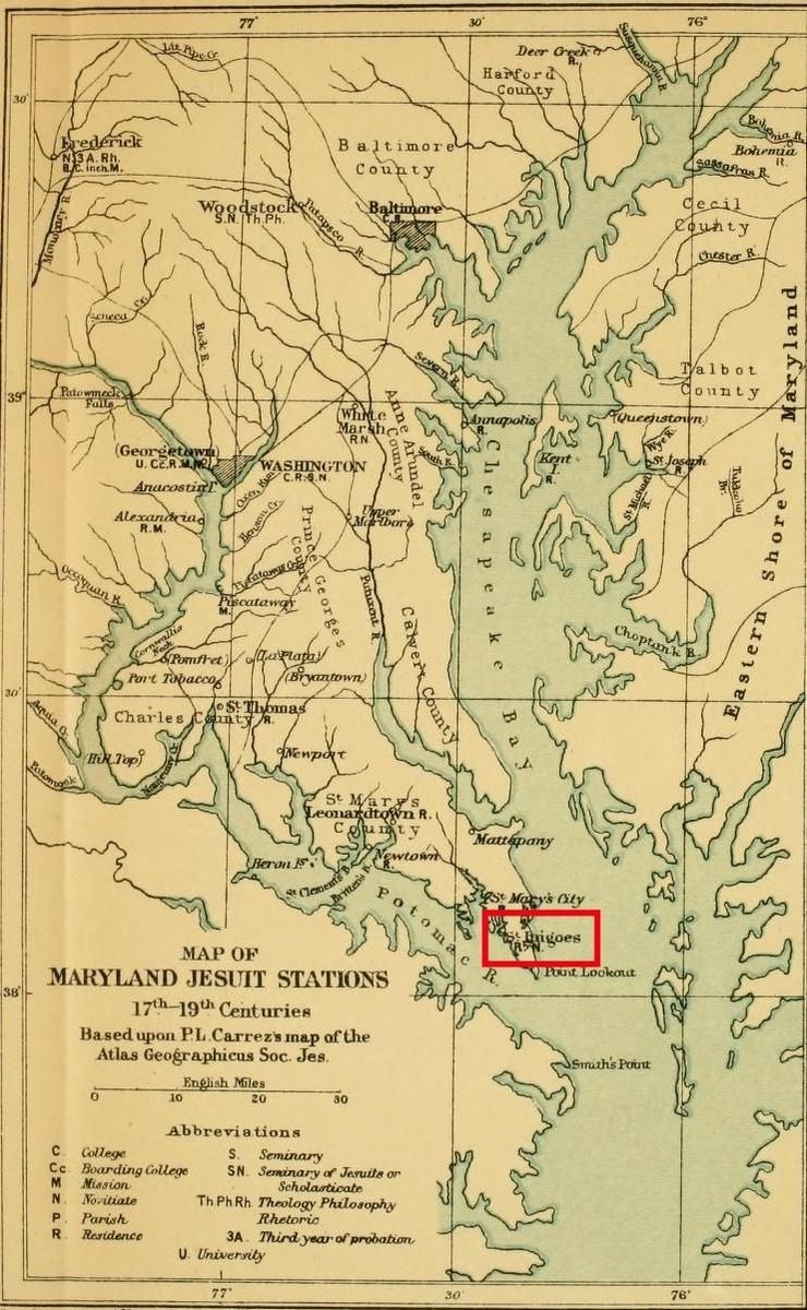 Historical map of Maryland Jesuit stations with St. Inigoes marked in red