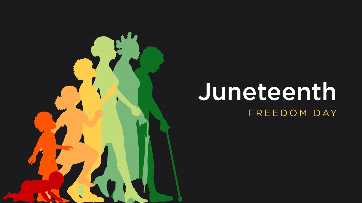 Colorful silhouettes of Black woman throughout stages of life with the words "Juneteenth: Freedom Day"
